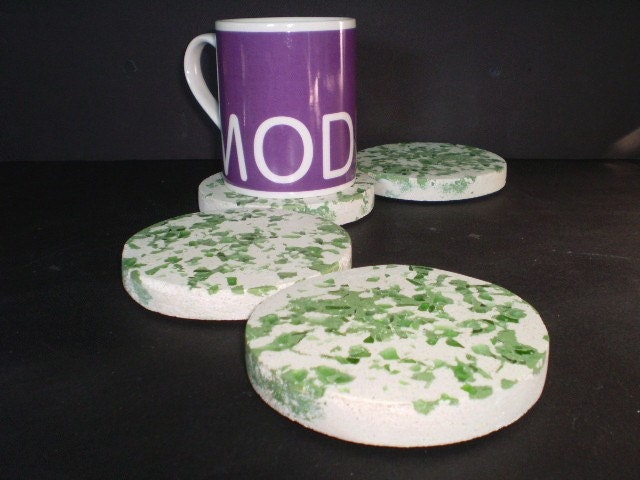 Concrete coasters. Green Glass. Terrazzo. Housewarming Gift. Modern Home Decor. ModernConcrete.