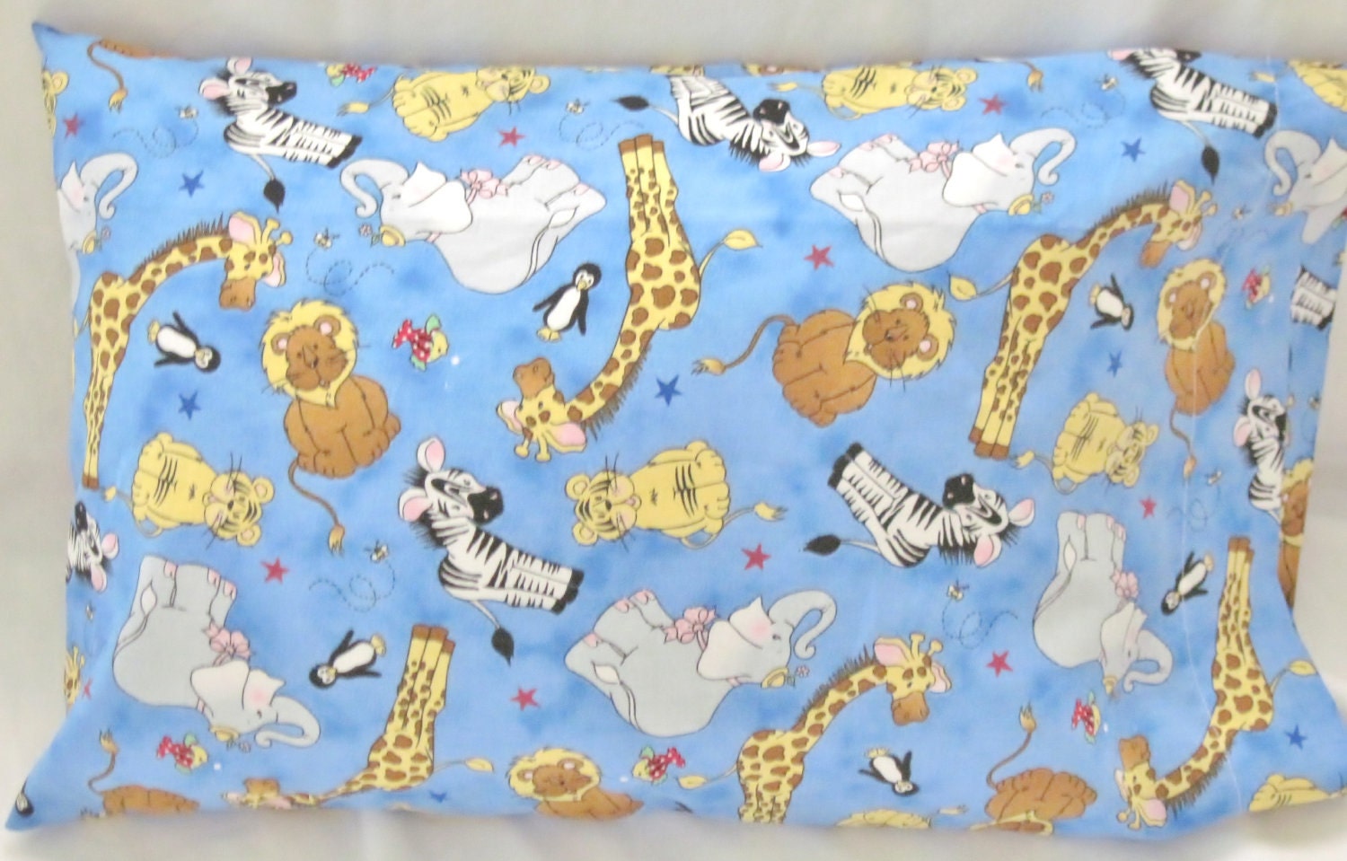 Pillowcase - Toddler Child Travel Size - Animals - Giraffe Lion Penguin Tiger Zebra Elephant - Blue -Pillow Case Cover - READY to SHIP