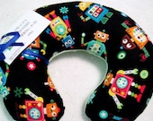 Travel Pillow - Head Neck Support - Toddler Infant Baby -  Robots on Black w/ Lime Green Minky Fleece - Robot Bots - Boys