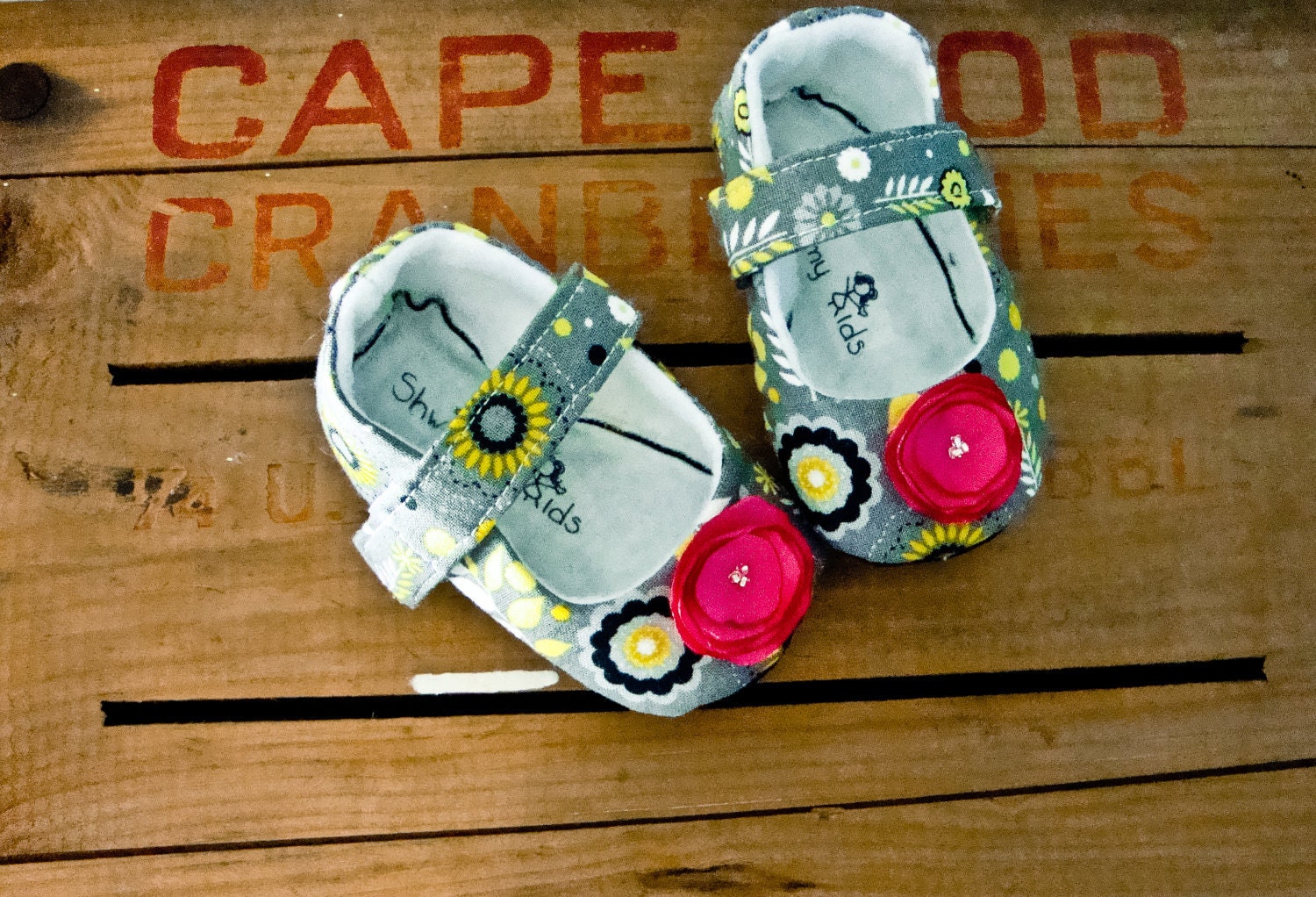 Pink Flowers on Gray Baby Shoes
