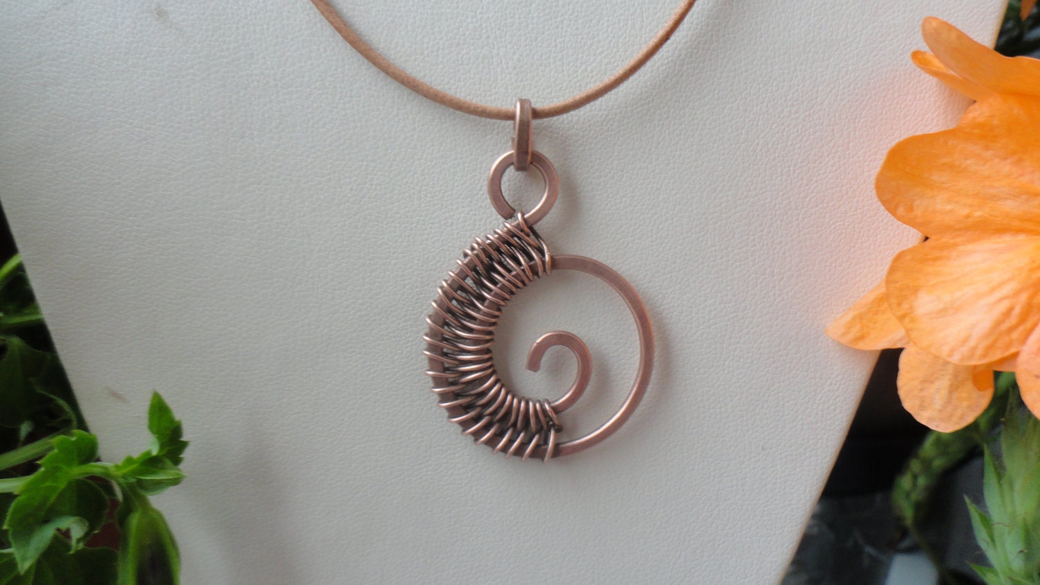 Greek Leather Necklace, Copper Pendant, wire wrapped