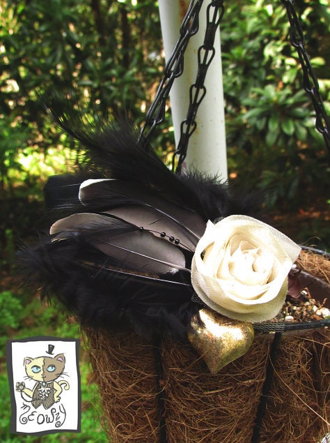 Feathered Fabric Flower Hair Fascinator with Tarnished Gold Heart