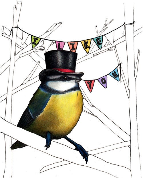 Blue Tit in a Top Hat: A6 'I Like You' Birds in Hats card