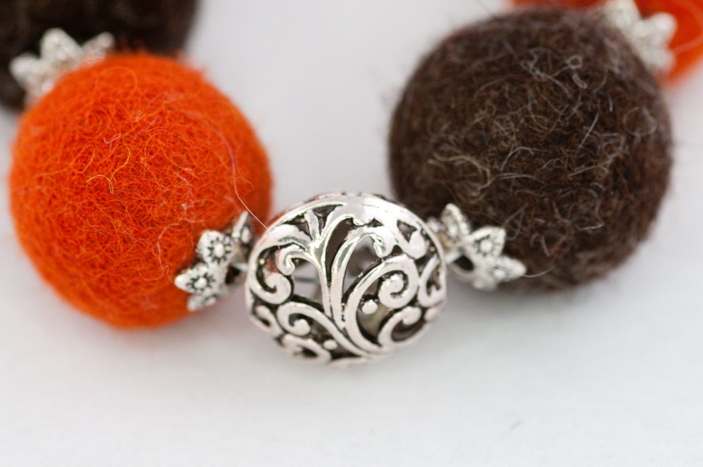 Felted Jewelry Chunky Necklace / Autumn Halloween Necklace Orange and Brown