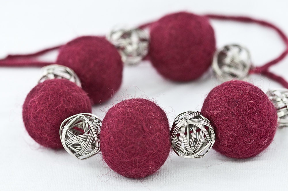 Burgundy Felted Beaded Long Necklace /  Burgundy Autumn Fashion Jewelry