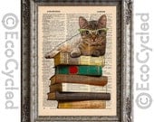 Cat and Books on Vintage Upcycled Dictionary Page Book Art Print Recycled