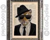 Hepcat Hipster Tiger on Vintage Upcycled Dictionary Page Book Art Print Recycled