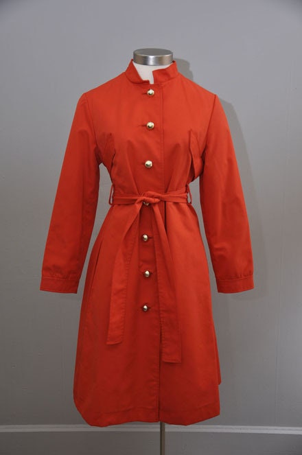 SALE Vintage Trench Coat, 1970s, Bright Orange, Gold Buttons