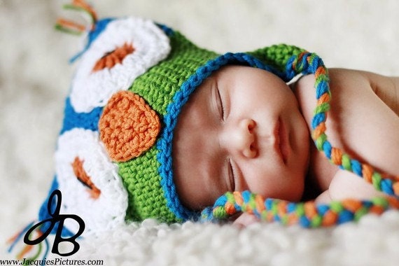 Owl Crochet Earflap Hat Beanie in Blue, Peapod Green, and Orange - Little Hoot Available in Newborn, Infant, and Toddler Sizes
