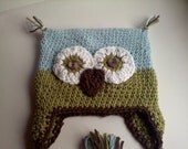 Owl Crochet Earflap Hat Beanie in Woodland Colors - Baby Blue, Sage Green, and Chocolate Brown  - Little Hoot Available in Custom Sizes