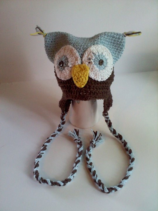 Owl Crochet Earflap Hat Beanie in Baby Blue, Chocolate Brown, and Gold Yellow - Little Hoot Available in Newborn, Infant, and Toddler Sizes