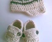 Baby Boy Shower Gift Set - Crochet Newsboy Visor Beanie and Booties in Cream and Chocolate Brown - Newborn - 6 months