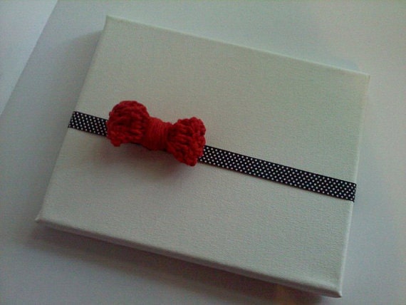 Red Crochet Bow Clip on Black and White Polka Dot Elastic Headband - Custom Size