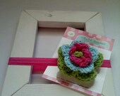 Turquoise, Pink, and Lime Green - Detachable Layered Crochet Flower Hairclip on Hot Pink Shimmery Elastic Headband
