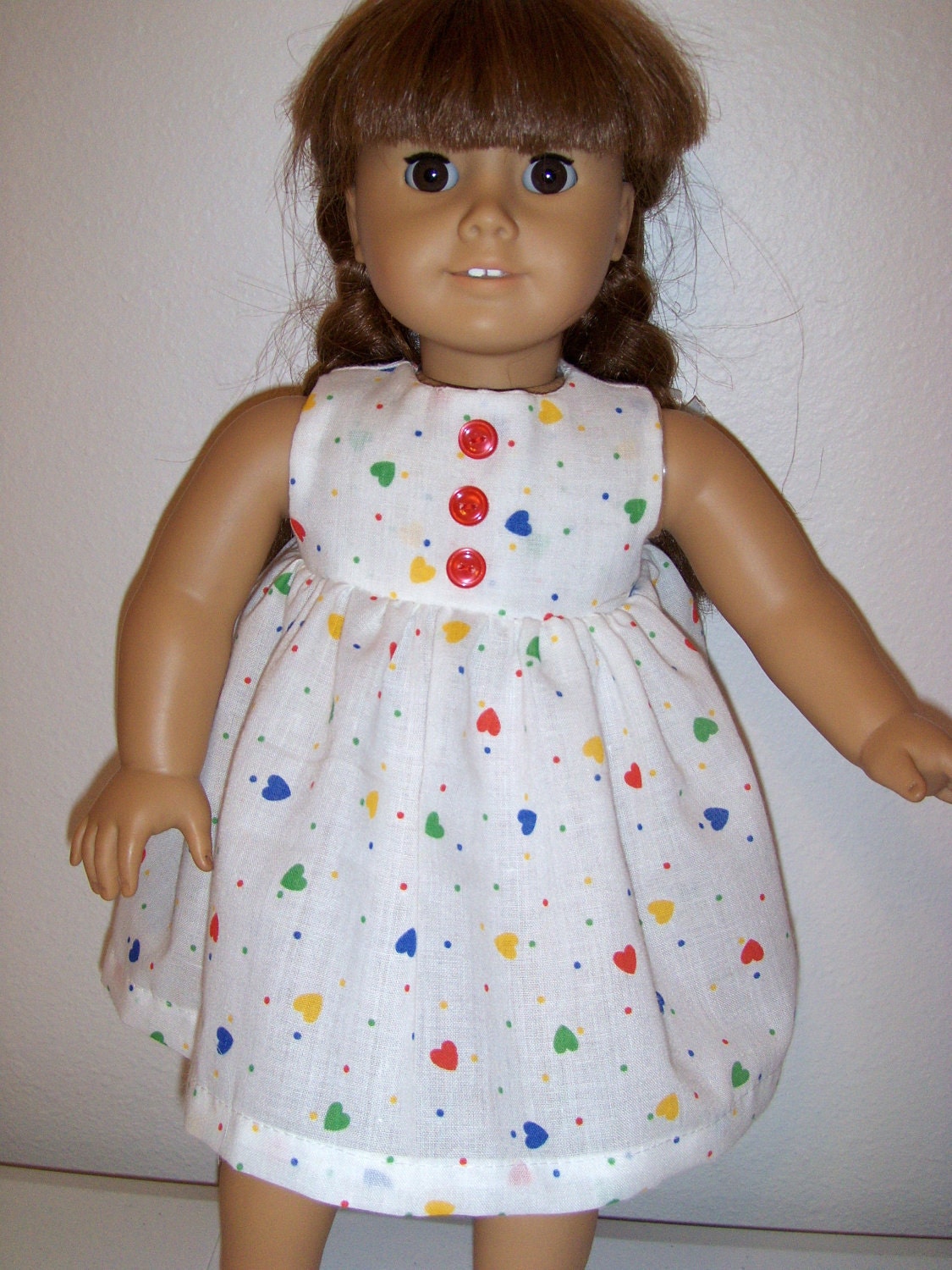 Spring / Summer Dress, American Girl Doll and 18inch Cute White doll dress with multi color hearts ,