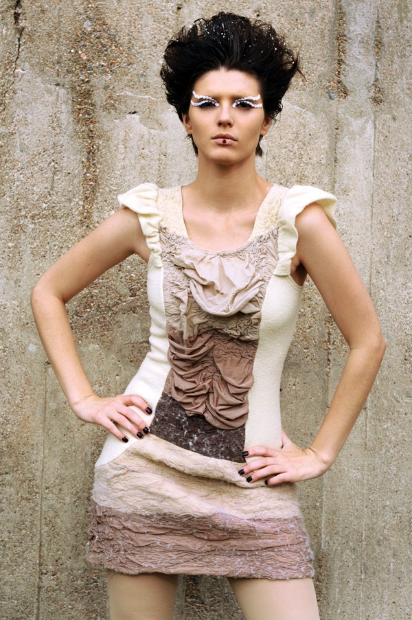 Eco-friendly Dress organic merino wool felt and ombre tights in neutral colors by texturable