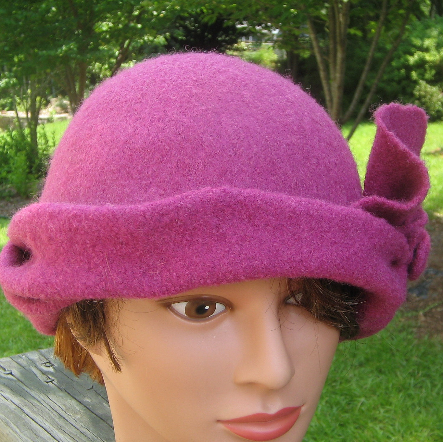 Flapper hat, purple wool felt 20s retro upcycle recycle repurpose OOAK eco