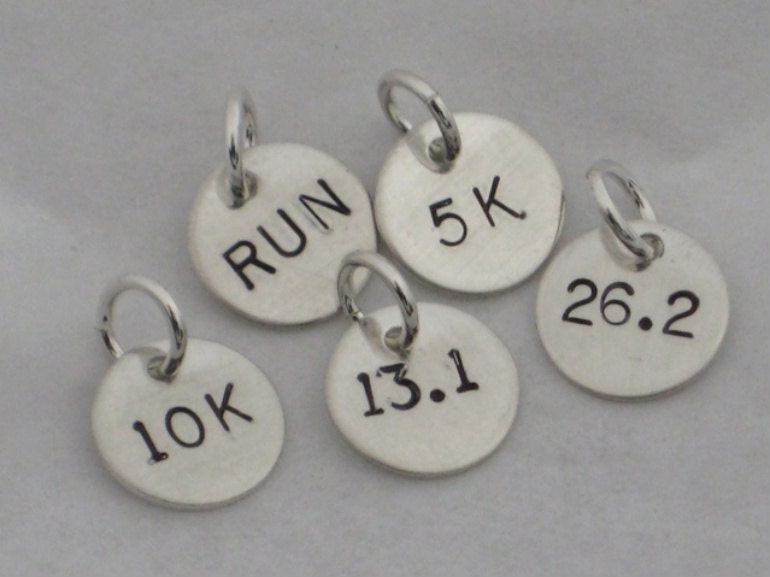 ONE (1) Sterling Silver RUN, 5k, 10k, 13.1 or 26.2 Hand Stamped Charm - Choose your DISTANCE One Charm Only - Add On Run or Distance Charm