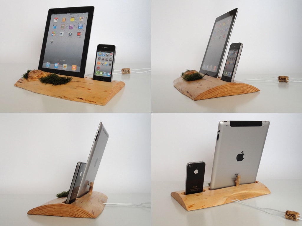 iPhone / iPod / iPad evergreen wooden DUAL docking station - sync, charge, can serve as holder / stand...
