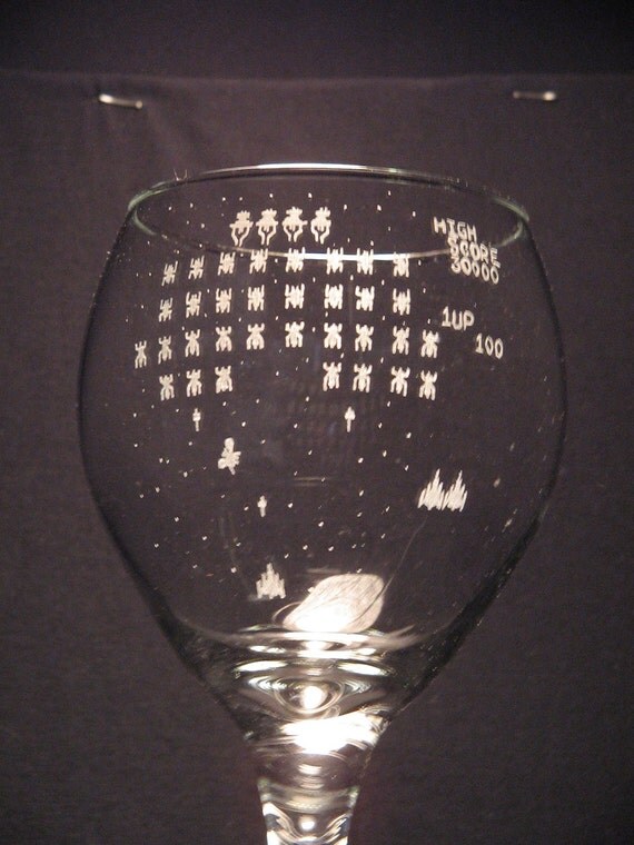 Galaga Atari inspired Wine Glass Engraved Glass