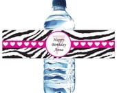 50 Pink and Black Zebra Water Bottle Labels - Printed with your child's name and birthday. Waterproof and self stick Il_170x135