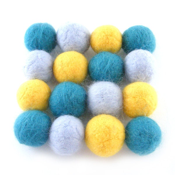 Balls Coaster Wet Felted Merino Wool Coasters in Teal, Yellow and Light Blue