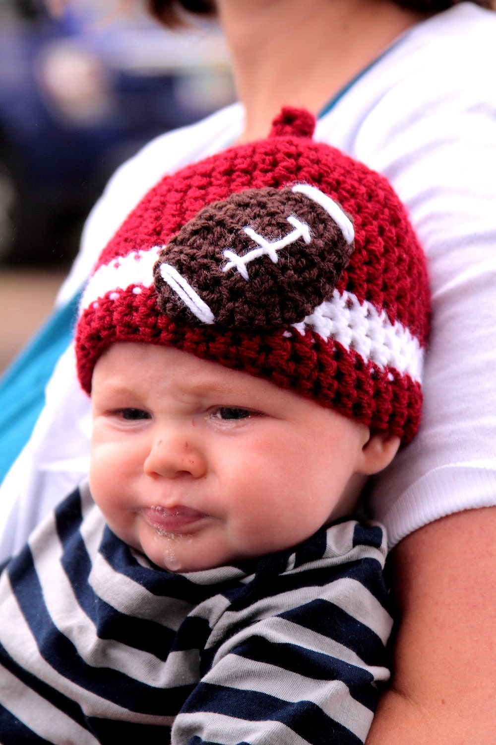 Alabama Oklahoma Football: Football Beanie, Nub-Tip (Crocheted to Order in sizes newborn - toddler)