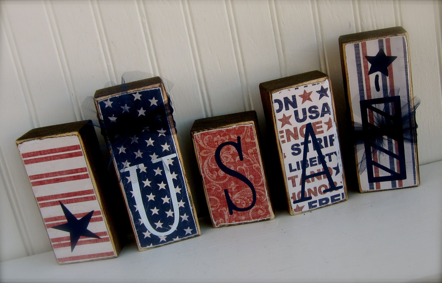 USA set of 5 Wood Blocks.  Fireworks Stars 4th of July
