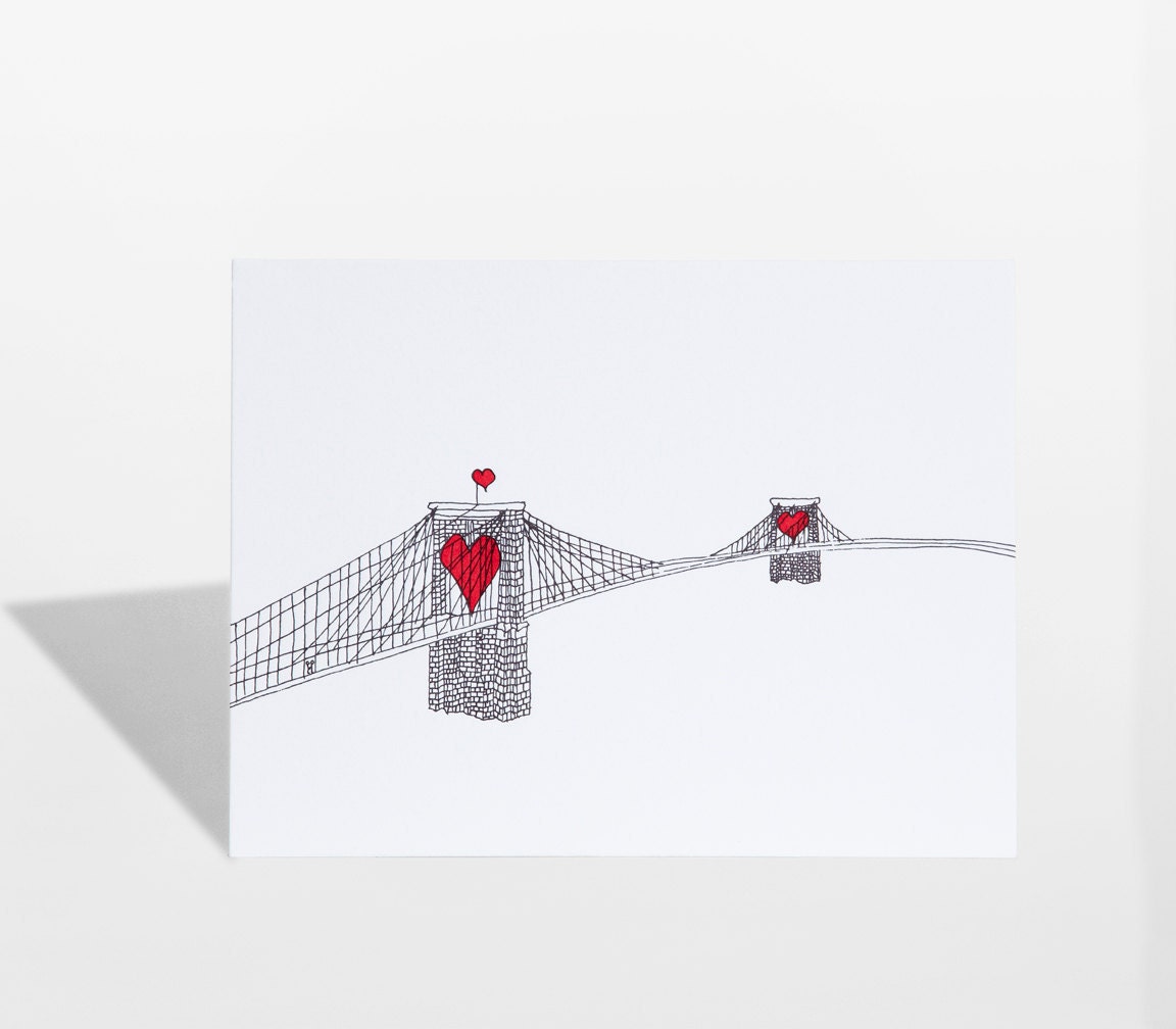Brooklyn Bridge-Valentines Day Card, Stickman Heart Card, Love, Friendship, Romance, anniversary, Birthday Card