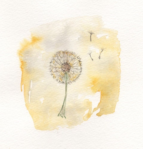 Just Dandy/Dandelion yellow/5x7/Watercolor Print/Grey and Yellow/Gray and Yellow - kellybermudez