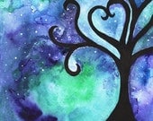 In the Beginning there was love/ abstract tree/ night sky/blue,purple, green, teal, black/Watercolor Print