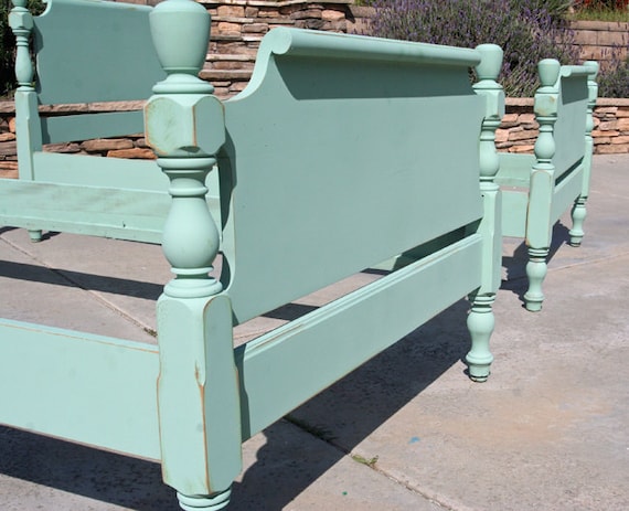 2 Vintage Twin Beds Painted and Distressed in Beach Glass By Foo Foo La La