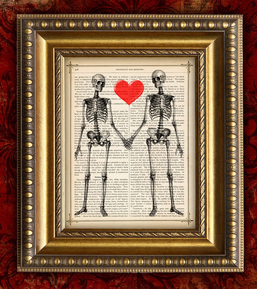 SKELETON LOVERS DIctionary Art Print recycled upcycled Antique Book Page Art Print Valentine's Day Gift Home Decor Wall Decor