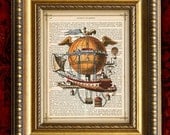 Vintage Color Art Print 8x10 recycled upcycled Antique 1880 Book Page STEAMPUNK AIRSHIP Hot Air Balloon Dictionary Art Print s107