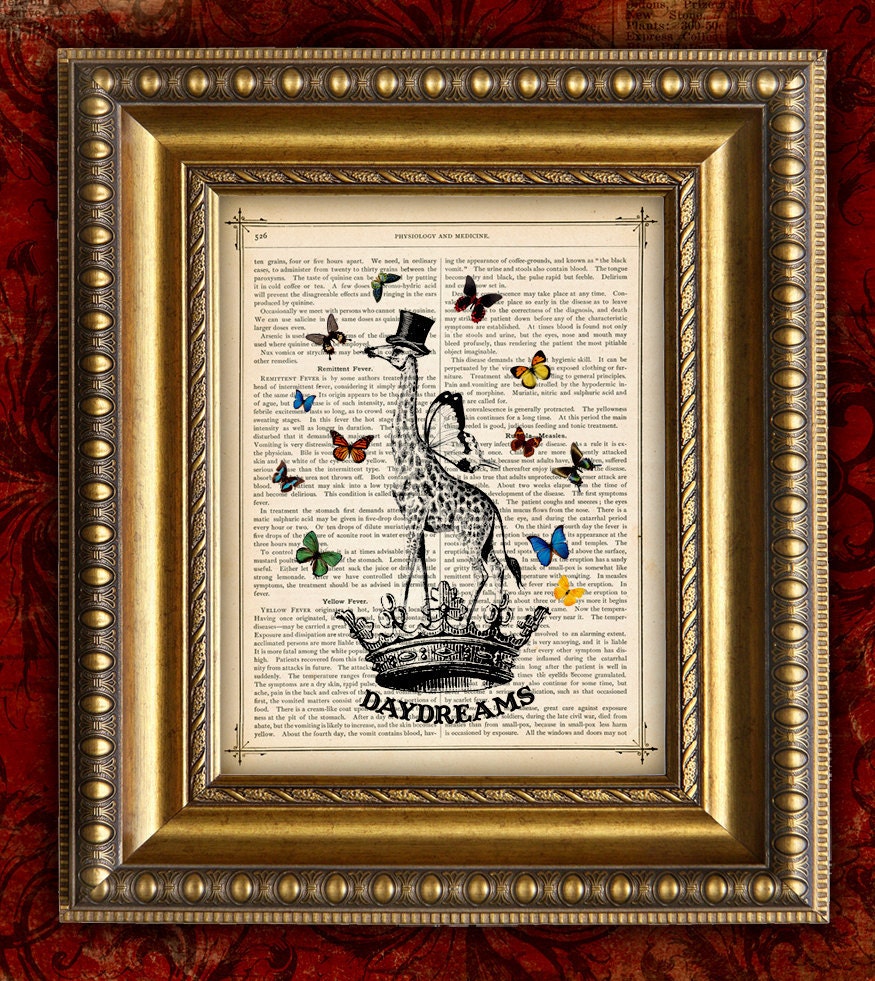 DAYDREAMS GIRAFFE Vintage Art Print 8x10 recycled upcycled Antique 1885 Book Page or 1897 Dictionary Page