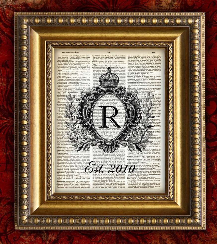 MONOGRAM CROWN DATE Upcycled Dictonary Page Vintage Art Print or Book Page Art Print 8x10 Personalized Anniversary Wedding Gift