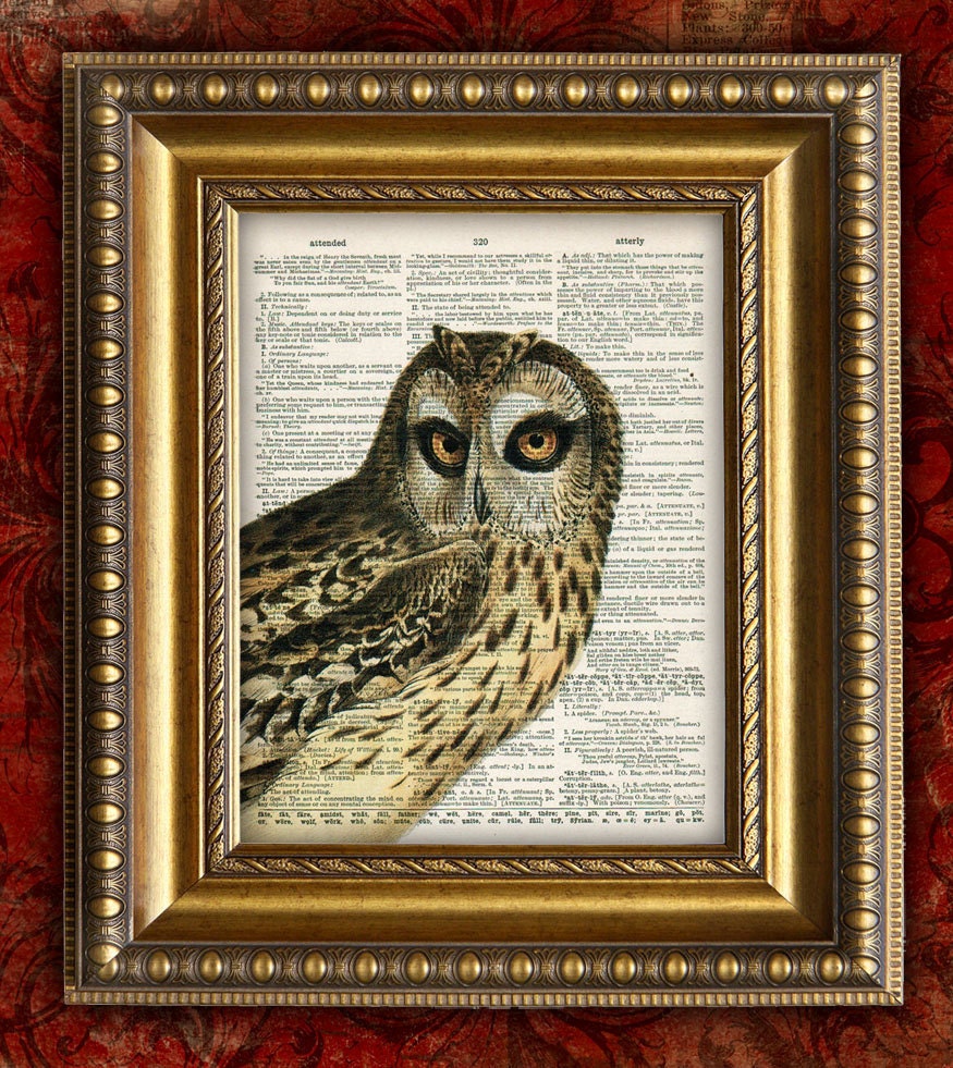 OWL Vintage Art Print on Dictionary Page Art Print or Upcycled Recycled Art Print on Book Page Art Print 8x10 UNIQUE Gift Vintage Art Print
