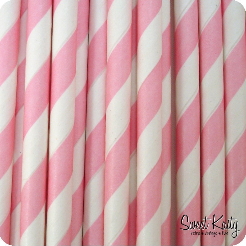25 Pink Stripe Paper Drinking Straws with Printable Flags