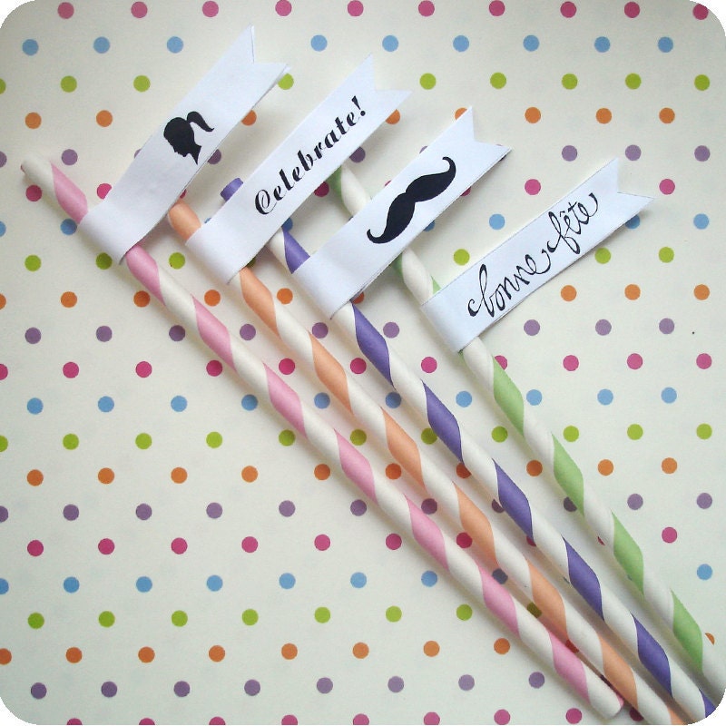 Striped Paper Straws - 25 Aqua and Green Striped Paper Drinking Straws with FREE Printable Flags