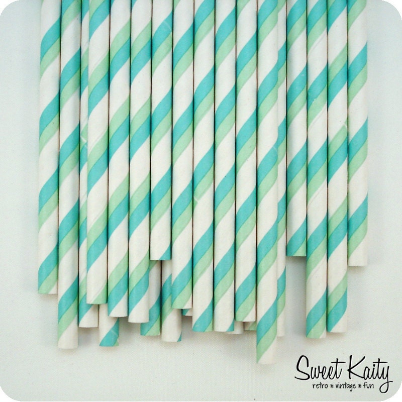 Striped Paper Straws - 25 Aqua and Green Striped Paper Drinking Straws with FREE Printable Flags