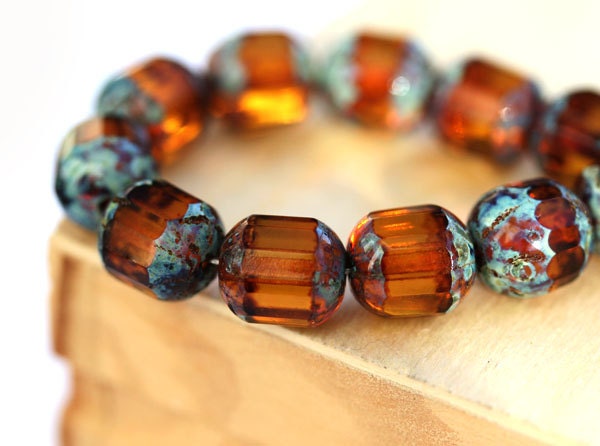 Brown Picasso czech beads, glass  - topaz round cut - 8mm - 12Pc - 11S