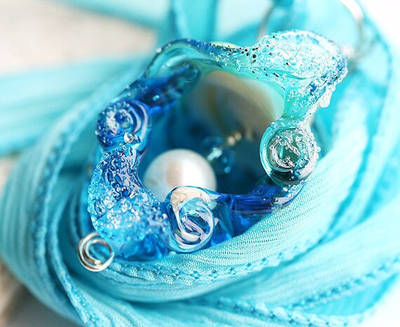 Aqua blue Glass Shell Pendant - sea color handmade lampwork glass OOAK beachy bead on sterling silver with natural pearl