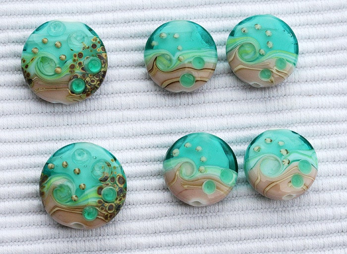 Lampwork beads, Teal green handmade glass beach set SRA - Teal Lagoon TRIO ocean