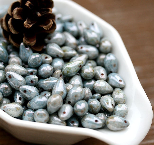 Glass bead Picasso Teardrops czech beads - blue grey - 9x6mm - 20 beads - 0162
