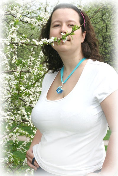 Aqua blue Glass Shell Pendant - sea color handmade lampwork glass OOAK beachy bead on sterling silver with natural pearl