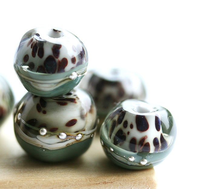 Grey lampwork glass beads organics - SRA, by MayaHoney - dots, gray, black, geometric