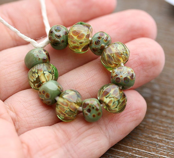Lampwork beads, olive green, handmade - SRA, by MayaHoney