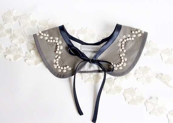 Beaded Leather Collar - Dove Grey - Wedding Collar - MyHackneyBoutique