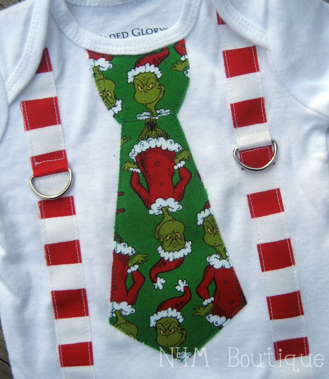 Grinch Stole Christmas Tie with Squiggly Suspenders Onesie or Tshirt