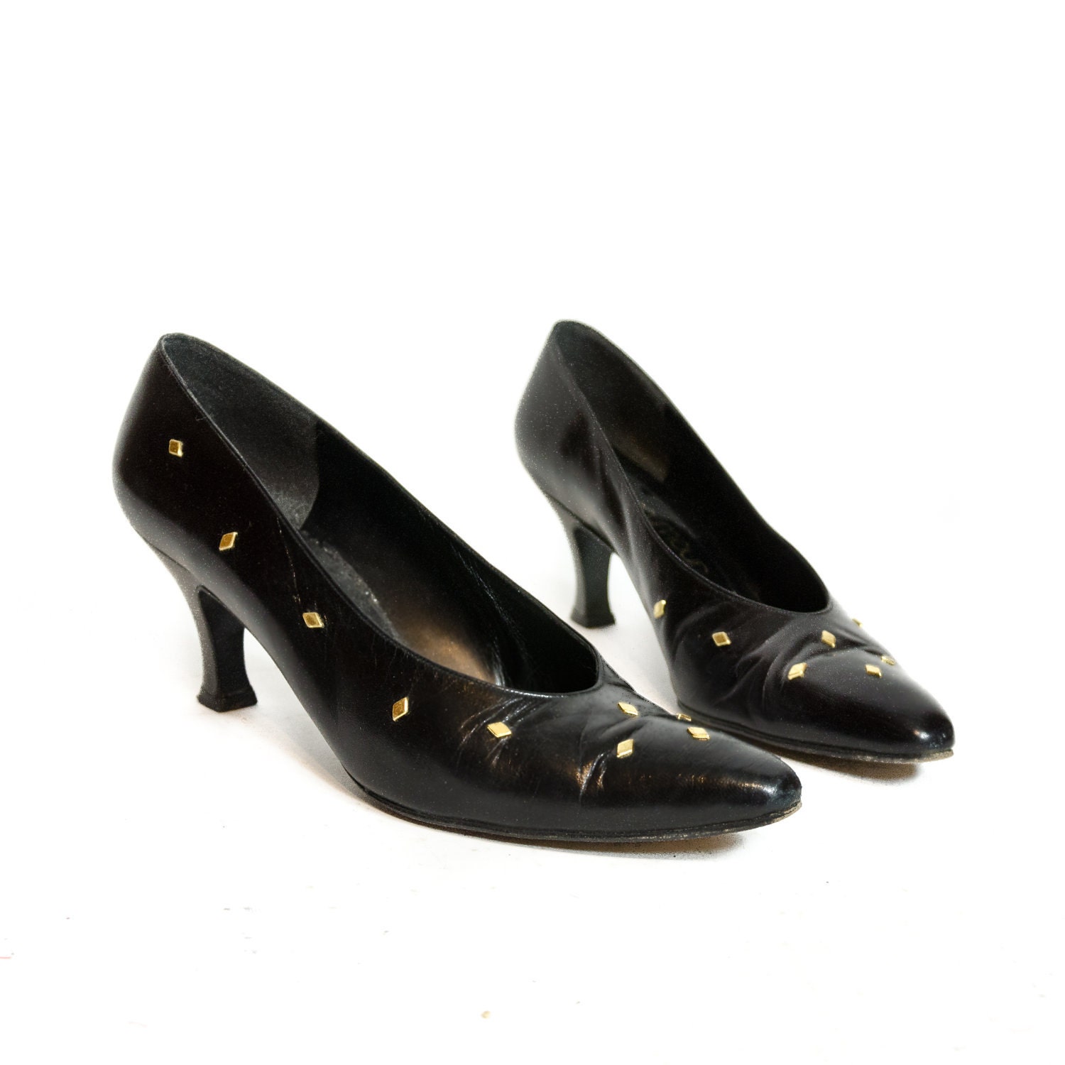 Women's Vintage Leather Heels Black Gold Studded Shoes Rocker Fashion by Mr. Seymour for size 9 Narrow